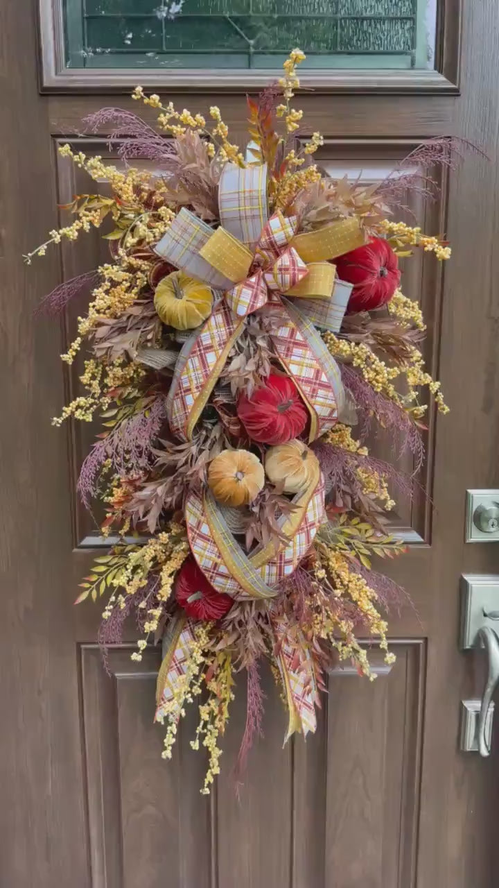 Rustic Fall Pumpkin Swag Wreath for Door, Elegant Fall Home Decor for Front Porch or Office Wall Hanger, Fall Hostess Gift For Her Mom