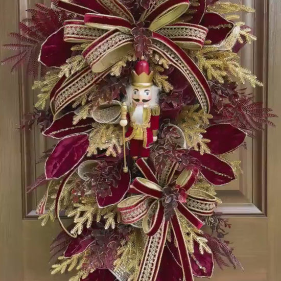 Burgundy Gold Nutcracker Christmas Swag, Luxury Christmas Door Wreath, Elegant Holiday Front Door Decor, Christmas Porch Decor