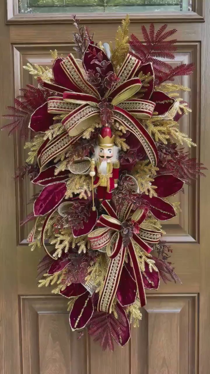Burgundy Gold Nutcracker Christmas Swag, Luxury Christmas Door Wreath, Elegant Holiday Front Door Decor, Christmas Porch Decor