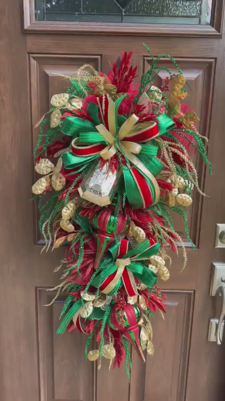 Glam Christmas and Winter Swag Wreath for Front Door, Traditional Luxury Jewel Home Decor for Porch or Indoor Office Holiday Wall Hanger