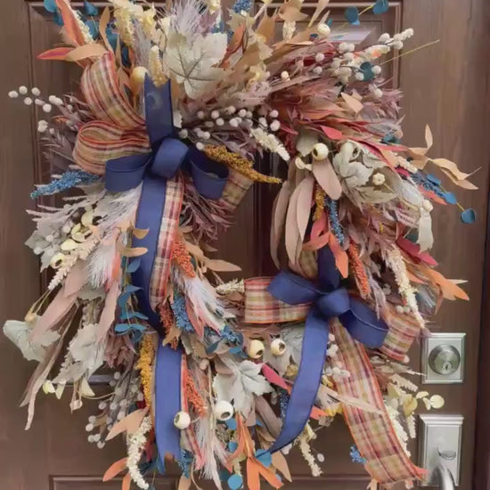 Boho Fall Grapevine Wreath with Double Bows | Pampas and Dried Floral Door Decor | Rustic Autumn Front Door Wreath | Fall Wall Decoration
