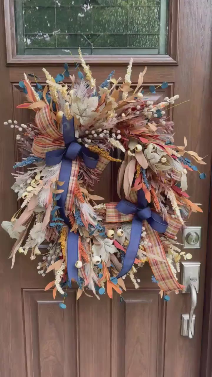 Boho Fall Grapevine Wreath with Double Bows | Pampas and Dried Floral Door Decor | Rustic Autumn Front Door Wreath | Fall Wall Decoration