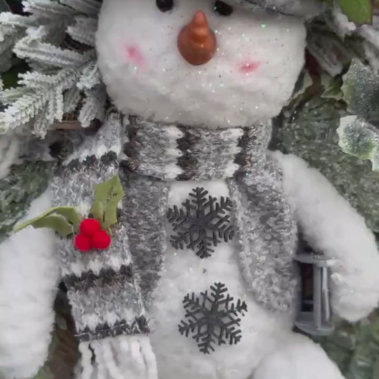 Winter Snowman Christmas Wreath • Rustic Flocked Pine Door Swag • Cozy Holiday Front Door Decor • Handmade Christmas Wreath