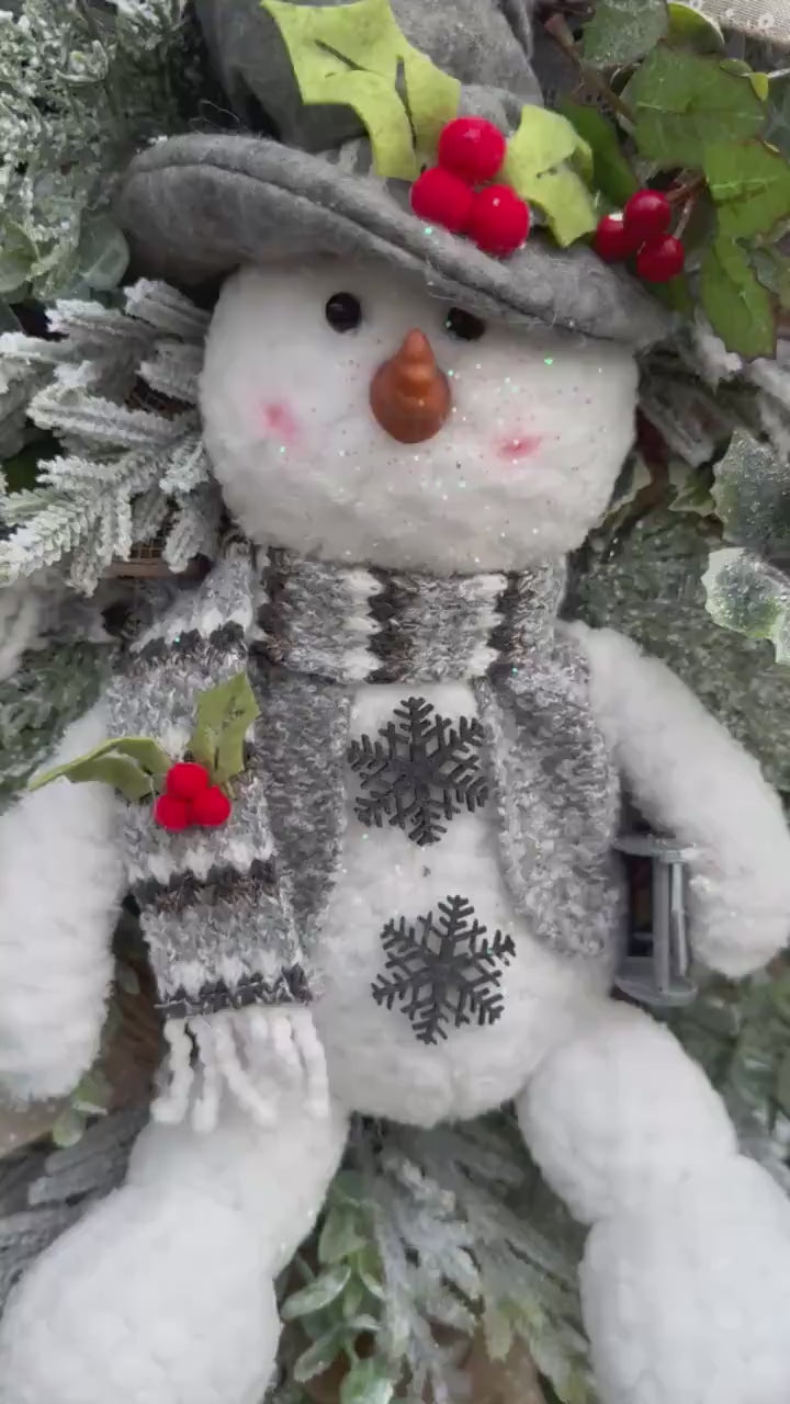 Winter Snowman Christmas Wreath • Rustic Flocked Pine Door Swag • Cozy Holiday Front Door Decor • Handmade Christmas Wreath